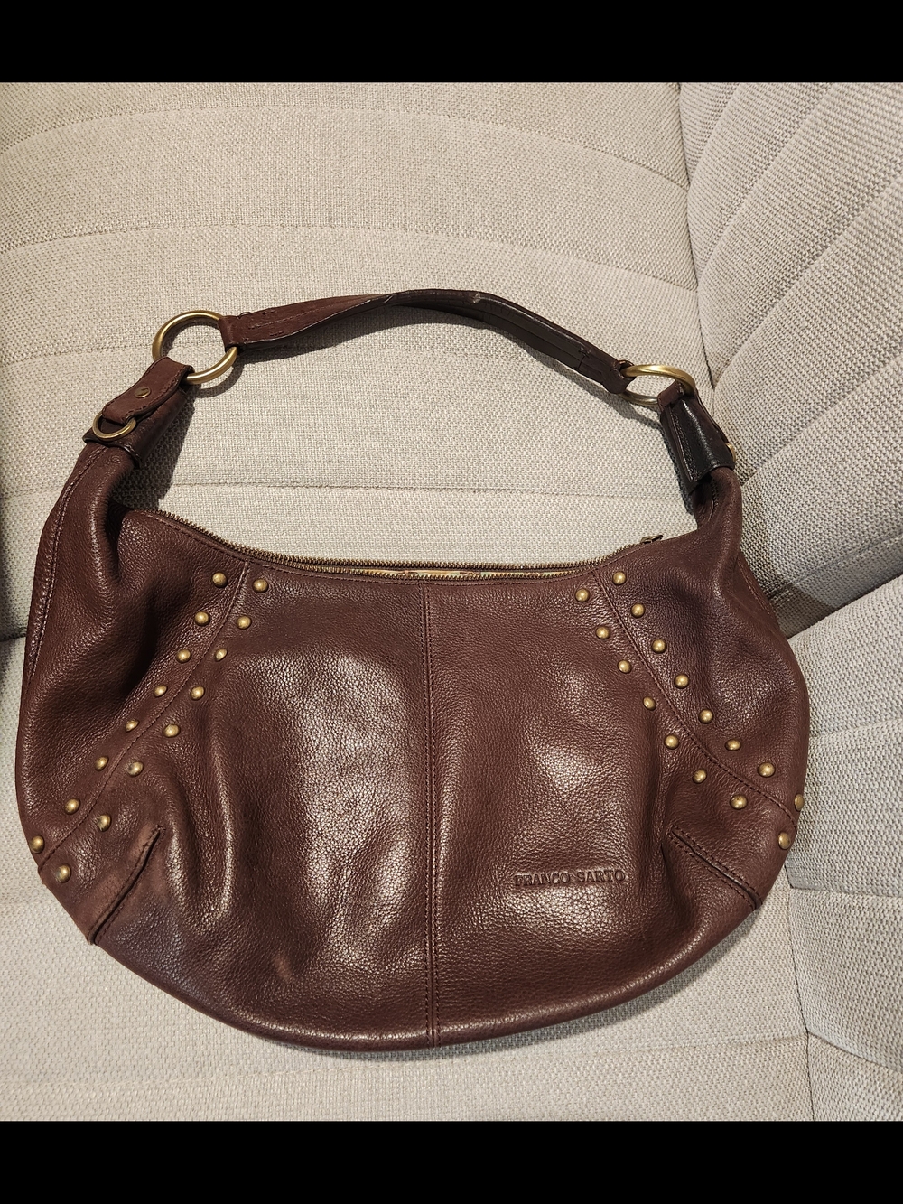 Franco Sarto Dark Brown Leather Shoulder Bag with Gold Studs